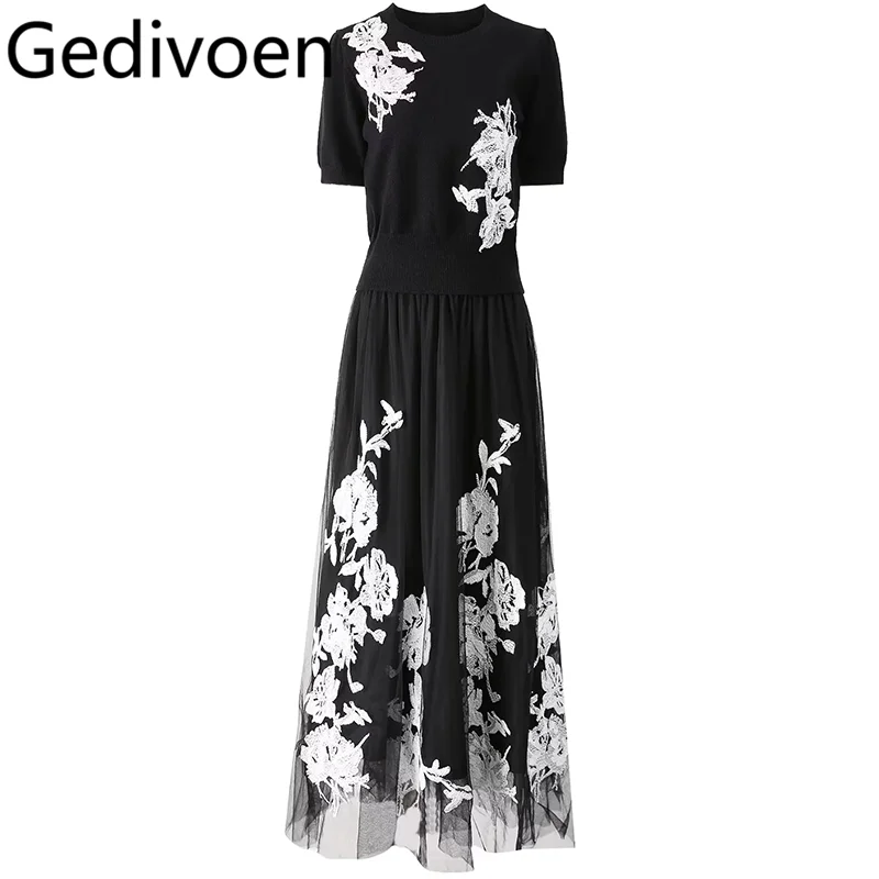 Gedivoen Summer Fashion Runway Designer Skirt Sets Women's Vintage Flowers Embroidery Tunic+Net Yarn Elastic Waist Skirt Sets