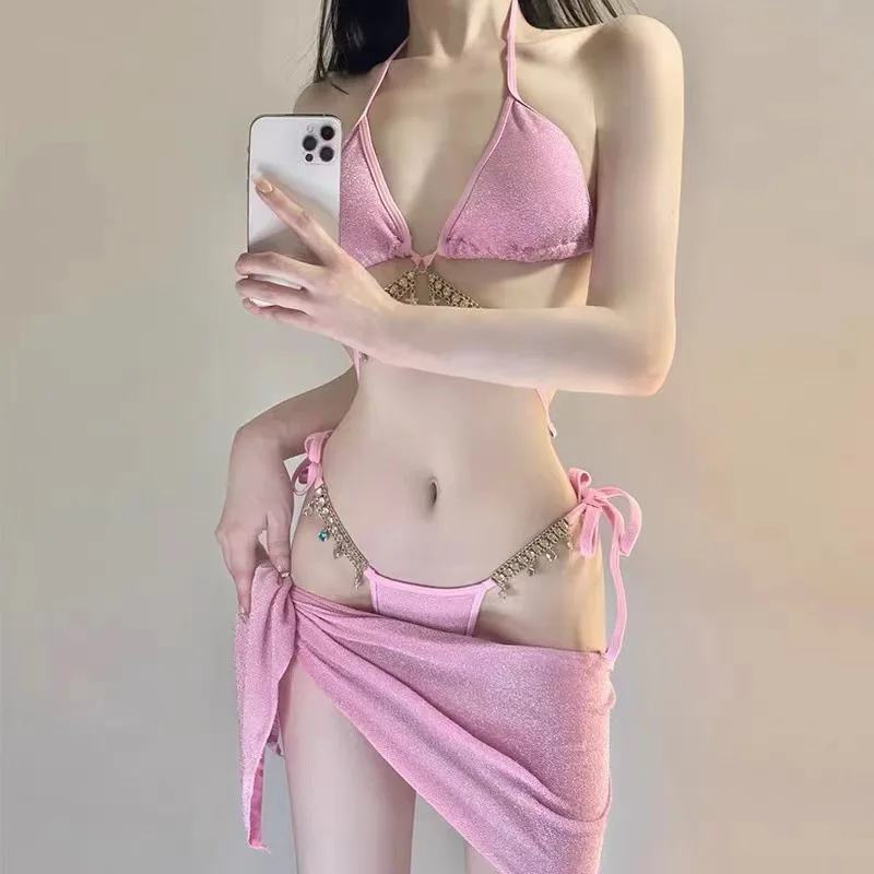 sexy Korean fashion Shinny Mermaid diamond chain bikinis sets three pieces swimsuit padded thong swimwear bathing suit biquini