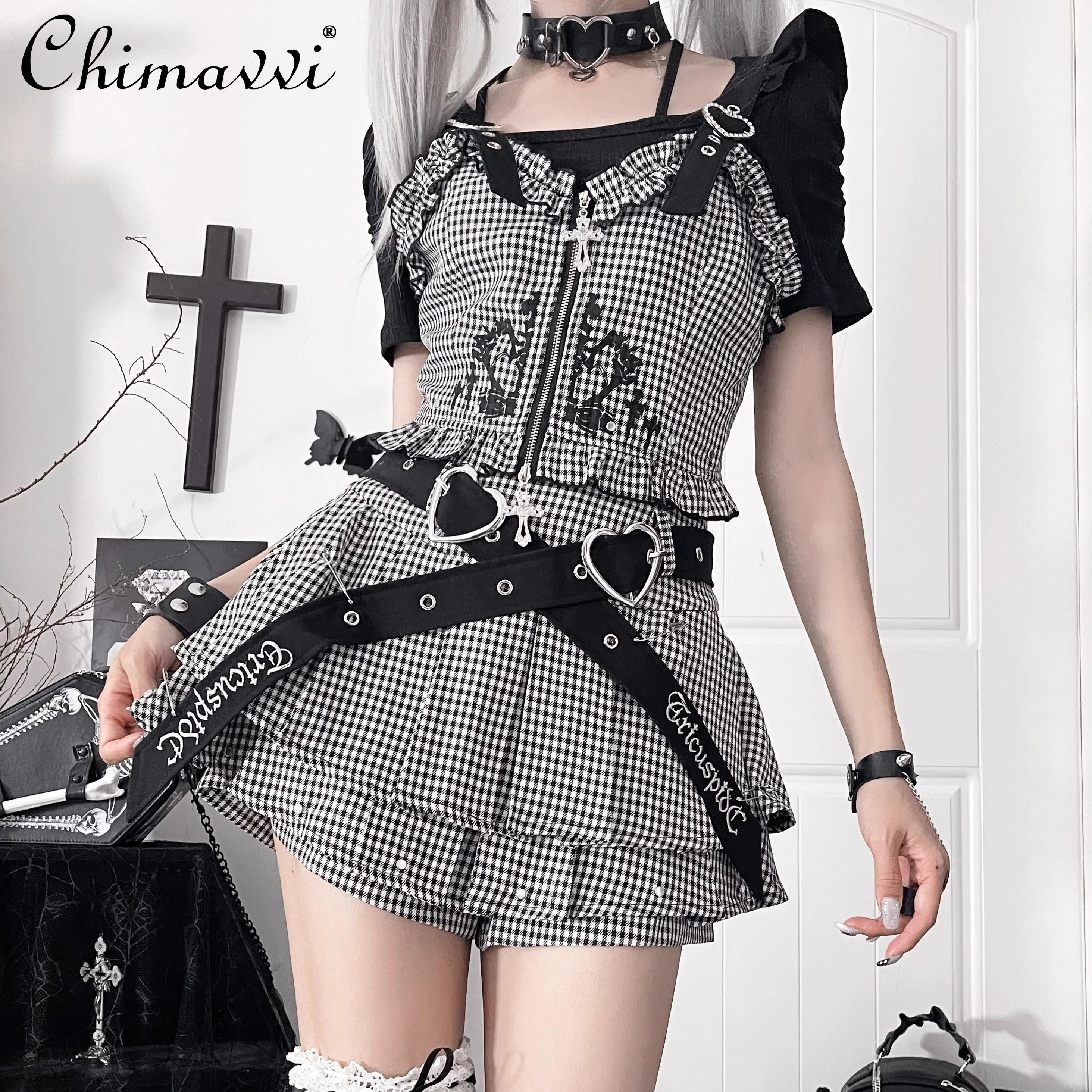 

Оригинальный японский субкультура, облегающий черный вязаный топ для темных девушек, жилет на молнии, короткая юбка с вышивкой, женская одежда в стиле панк