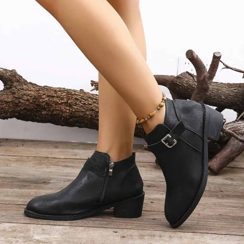 Women's Ankle Boots Pointed Toe Low Block Heel Distressed Leather-Look Finish Side Zipper Buckle Strap Western Casual Shoes 2026
