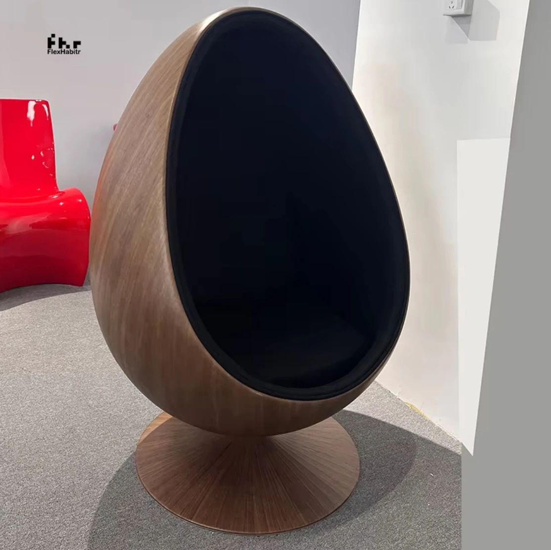 

Modern personalized rotating recliner creative space eggshell sofa wooden veneer lazy leisure chair for shopping malls