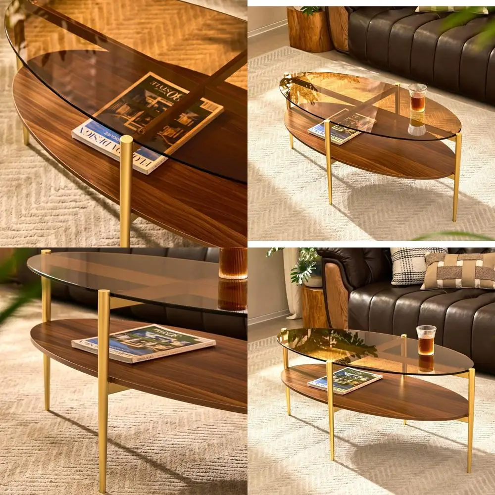 

Mid-Century Oval Glass Coffee Table with Gold Legs and Amber Brown Top on Walnut Shelf