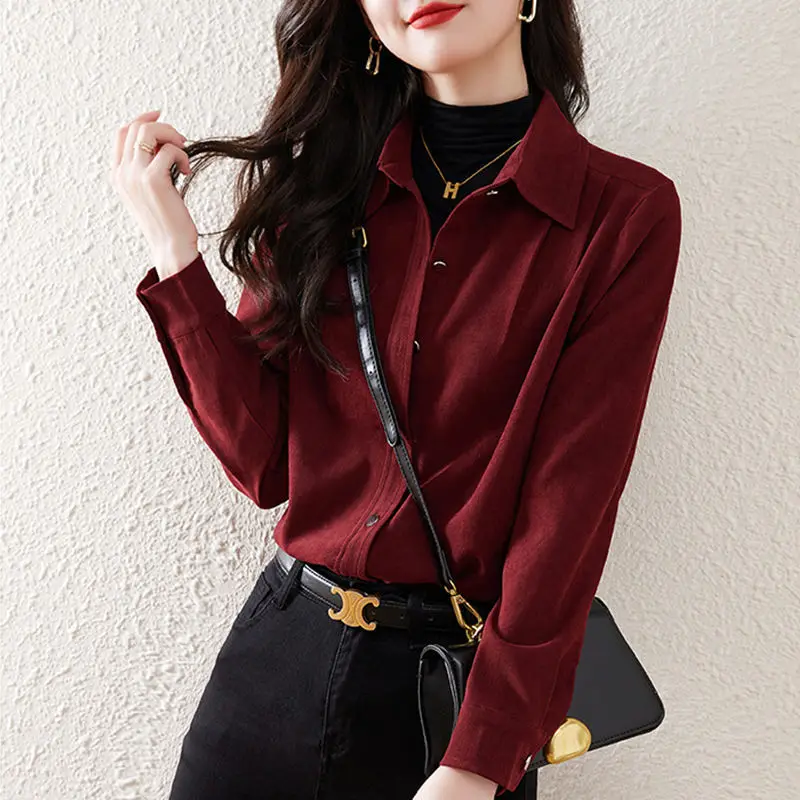 

VintageStyle Brushed Cotton Shirt For Women, Long Sleeve, 2026 Spring, Autumn, Winter, Stylish Base Shirt, Layered