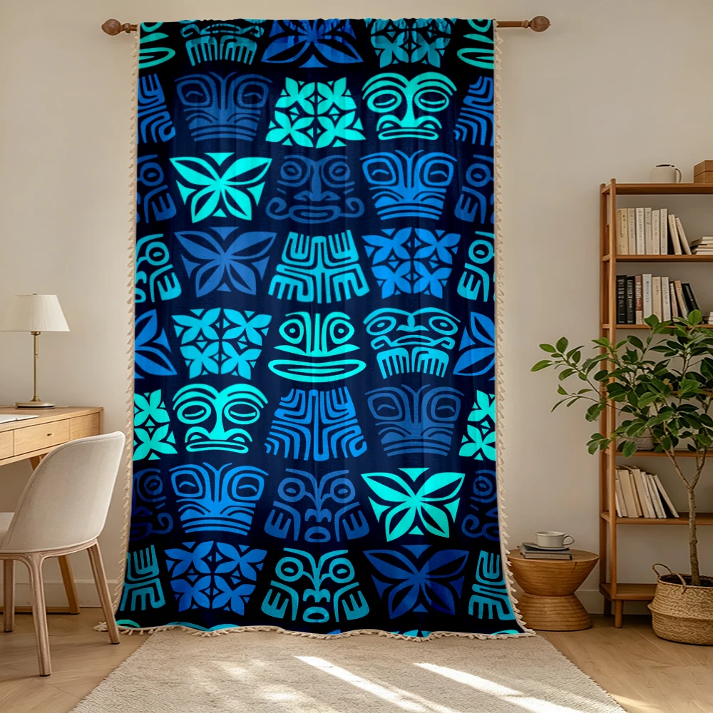1PC Ethnic Tassel Sheer Curtain, Blue Cyan Totem Geometric, Digital Print, Linen Polyester, Bedroom Living Room, Kitchen