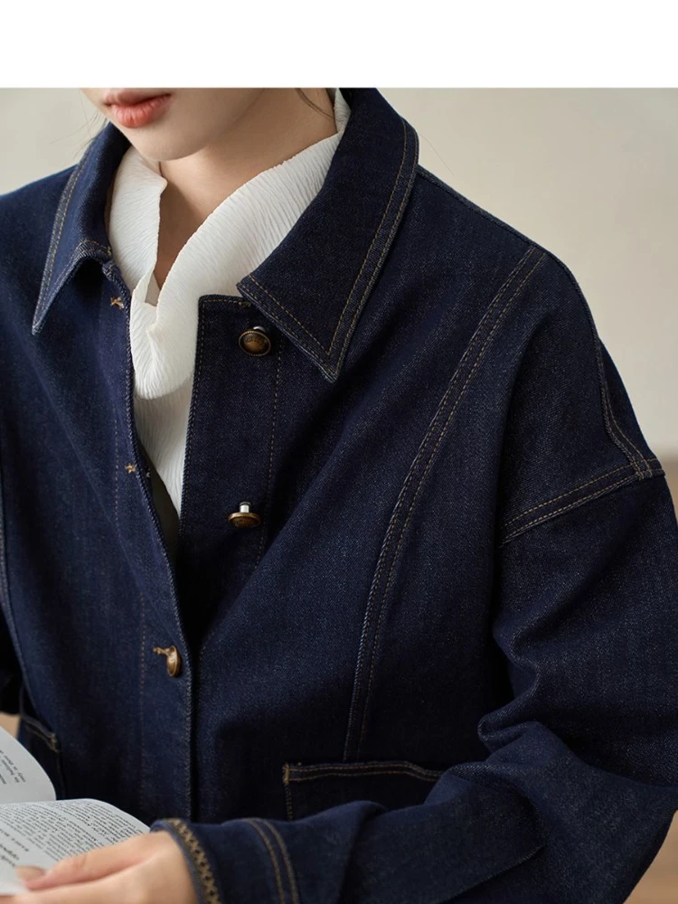Vintage blauwe spijkerjas voor dames - minimalistische jas van katoenmix |   Lente Herfst Urban Casual Essential bovenkleding met lange mouwen