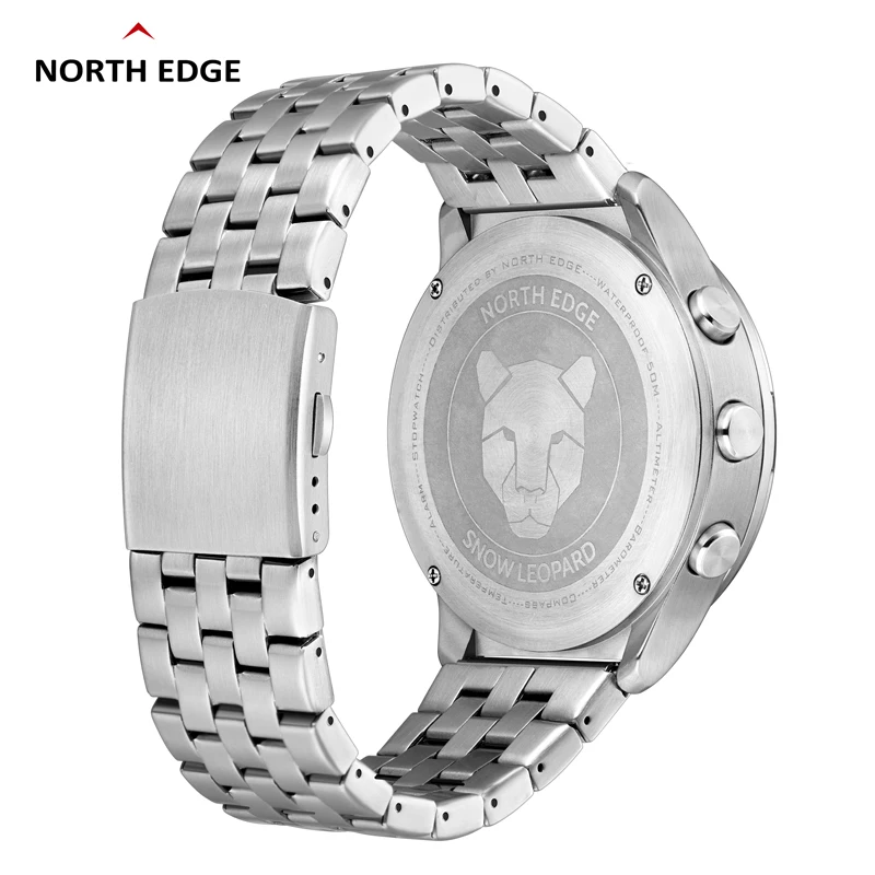 NORTH EDGE Herren-Digital-Sportuhr für Herren, Stahlband, wasserdicht, 50 m Höhenmesser, Barometer, Kompass, Militär-Armbanduhr