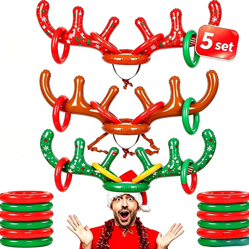 Inflatable Reindeer Antler Hat with Rings Toss Game Toy for Kids Adults Family Xmas Party Fun Multiplayer Game Decor Supplies