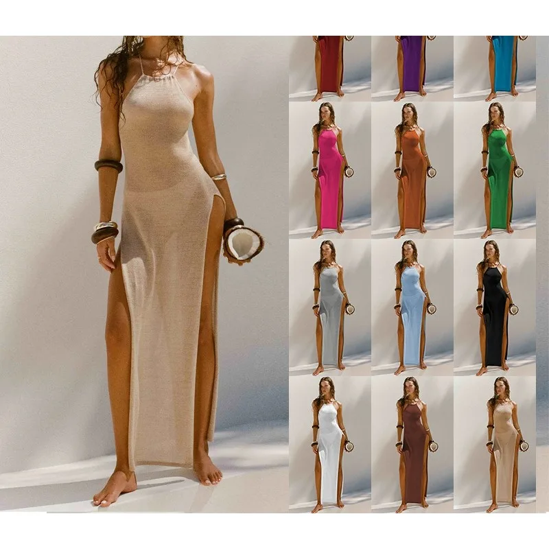 

Suspender Knitted Vacation Dress Women's Summer Long Dress Sleeveless Back Beach Dress