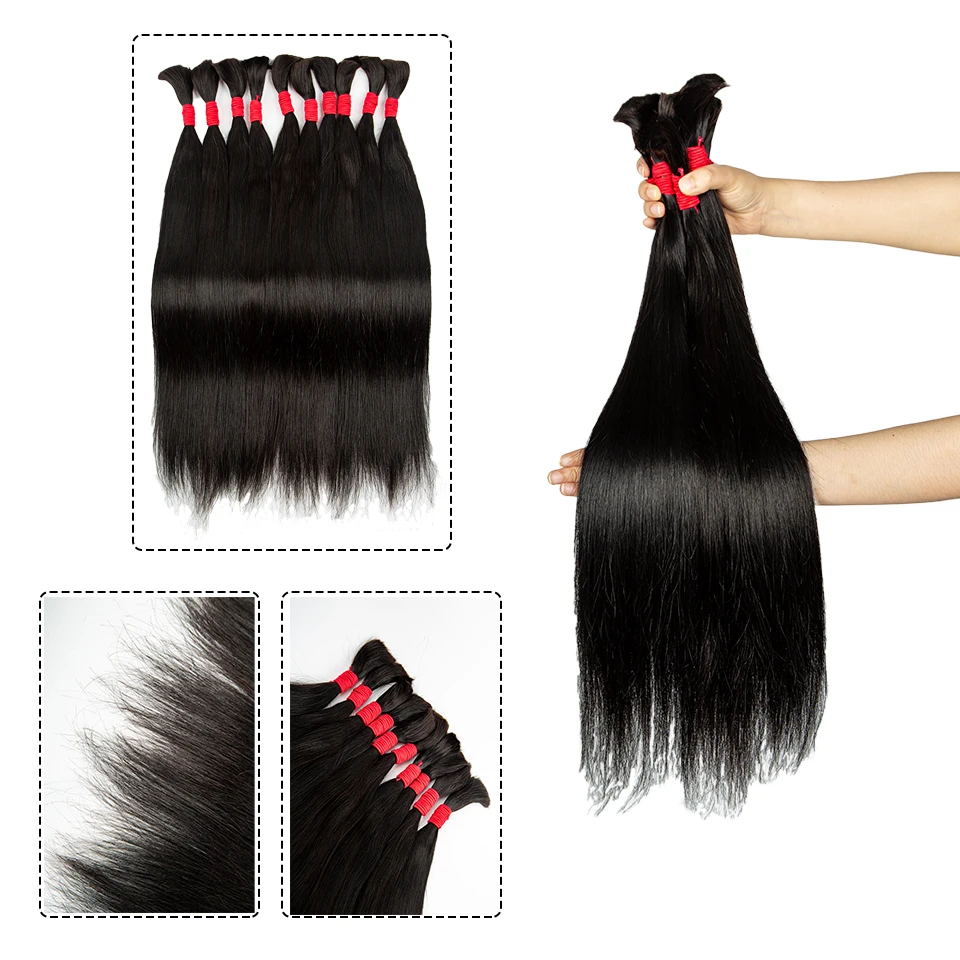 Extensiones de cabello humano liso a granel para trenzar, sin trama, 100% sin procesar, Color negro Natural