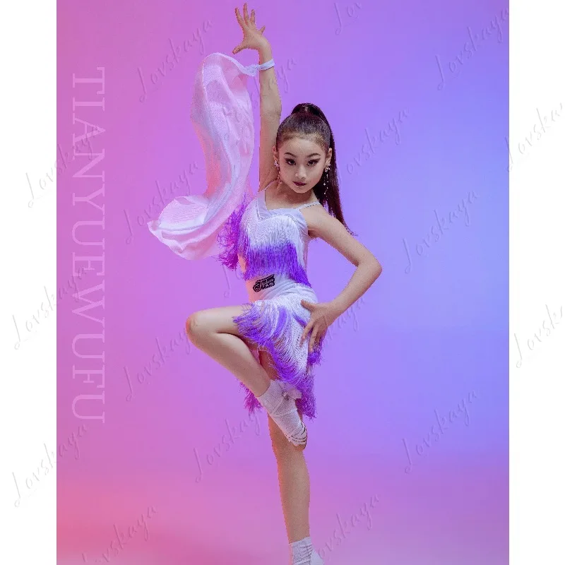 

Новый латинский костюм для соревнований, модель для сольного танца, подтяжка, градиент цвета, кисточка