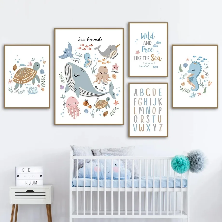 Whale Turtle Seahorse Octopus Nursery Wall Art Canvas Painting Nordic Posters and Prints Wall Pictures for Baby Kids Room Decor