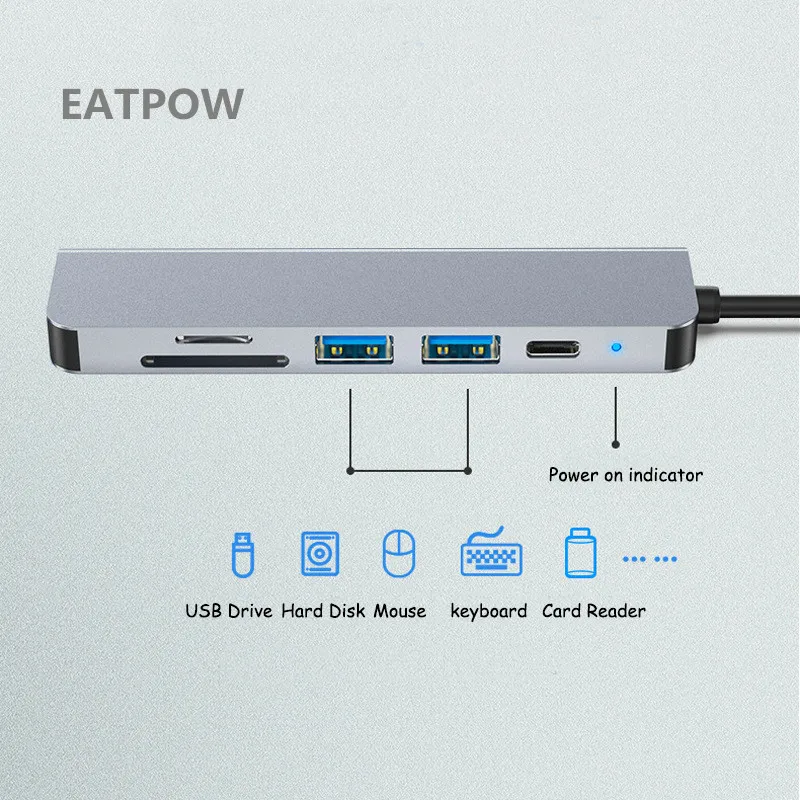 EATPOW-adaptador multiusos tipo C a HD MI + 1 USB 3,0 + 1 USB 2,0, hub compatible con múltiples sistemas hub, tarjeta SD/TF + alimentación PD