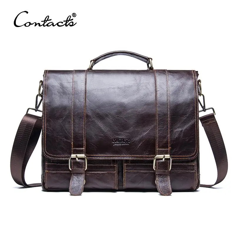 CONTACT'S Men's Briefcase Genuine Leather Business Handbag Laptop Casual Large Shoulder Bag Vintage Messenger Bags Luxury Bolsas