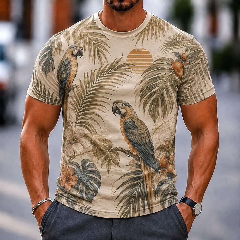 Men's Spring Summer 3D Printed Crew Neck Tee, Oriental Red-crowned Crane Cloud Wave Vintage Japanese Style Top