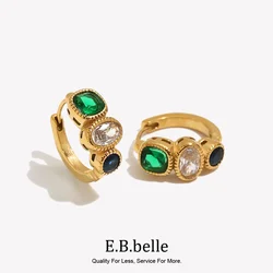 E.B.belle Vintage Green Zircon Jewelry Hoop Earrings Waterproof Hypoallergenic Trendy Party 316L Stainless Steel Accessories