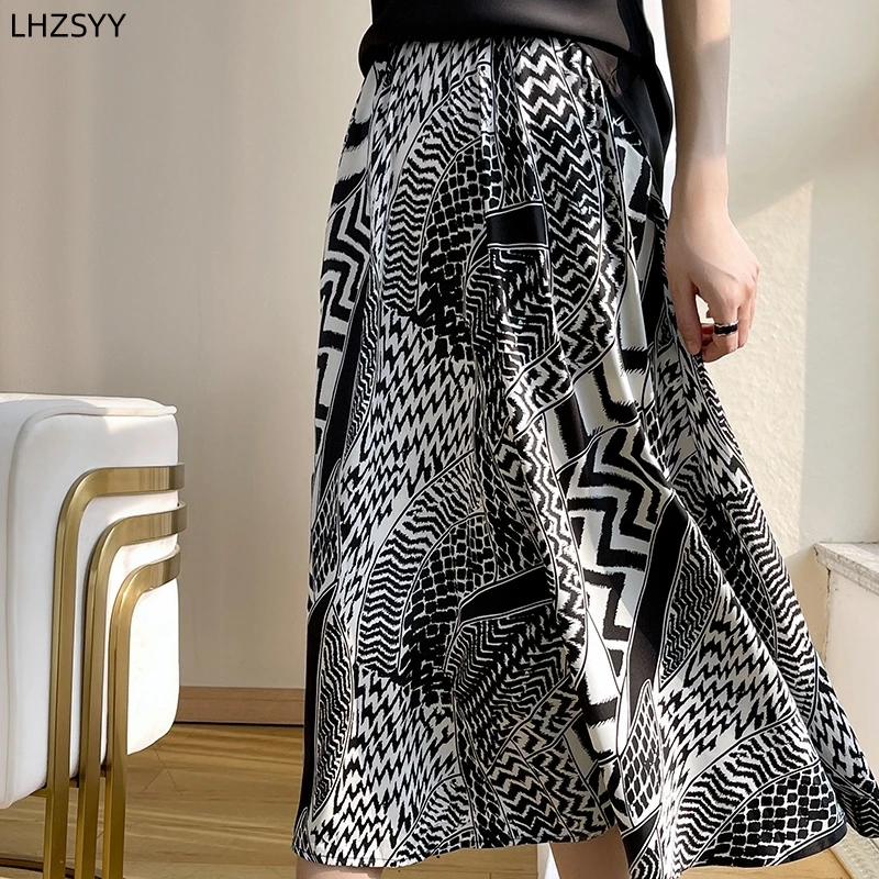 

LHZSYY Silk Satin High Waist Skirt's Ladies New A-Word Long Skirt With Hip Knee Wrapped Black Big Swing Skirt 2024Summer Fashion