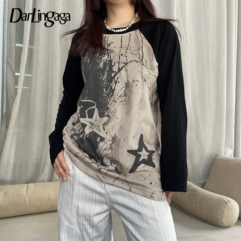 

Darlingaga Harajuku Y2K Japanese Oversized T-shirt Women Tie Dye Star Top Vintage Grunge Pullover Autumn Clothes Raglan Sleeve