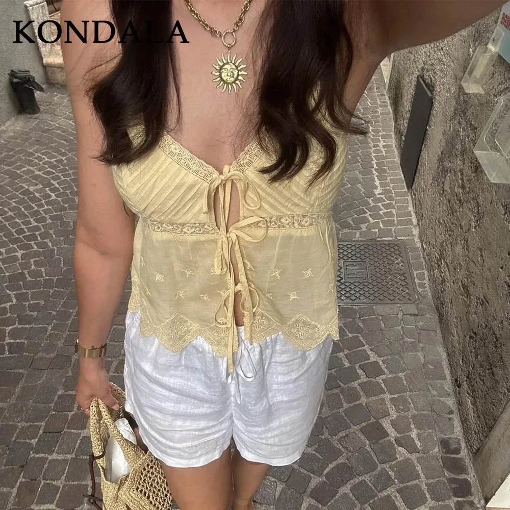 KONDALA 2026 Frühling Sommer Buttergelbes Besticktes Damen-Cami Modische Streetwear Einfarbiges Schnür-Cami für Damen