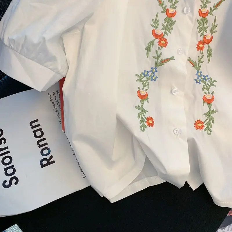 Shirts Women Embroidery Floral Simple Casual All-match Puff Sleeve Chic Elegant Korean Fashion Trendy Top Summer Thin New Female
