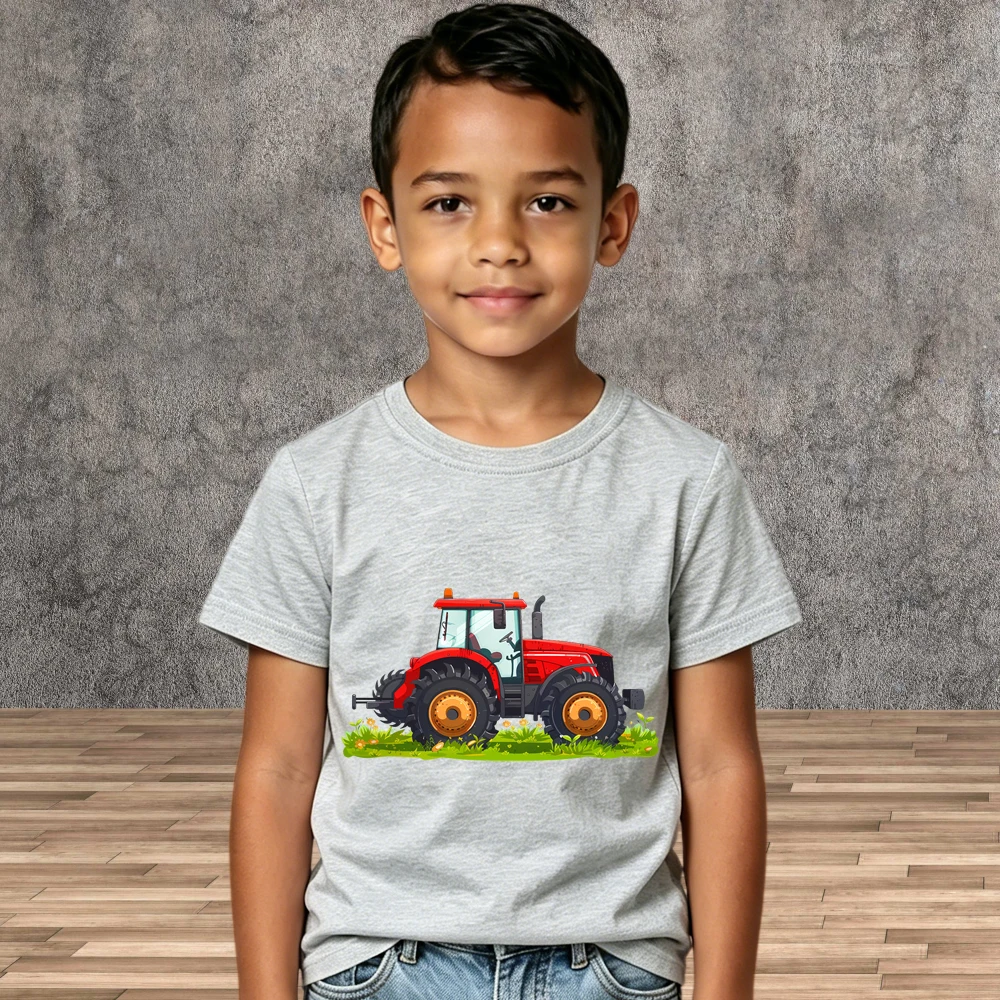 Boys Tractor Print T-shirt Summer Cartoon Cotton Short Sleeve Kids Casual Clothes