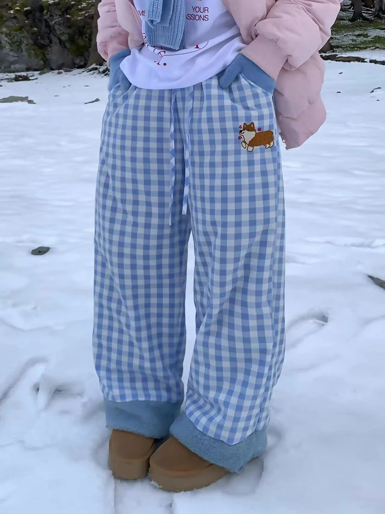 Winter Fleece Wide Leg Plaid Pants for Women Korean Cute Puppy Embroidery Loose Casual Pants Thick Warm Preppy Straight Trousers