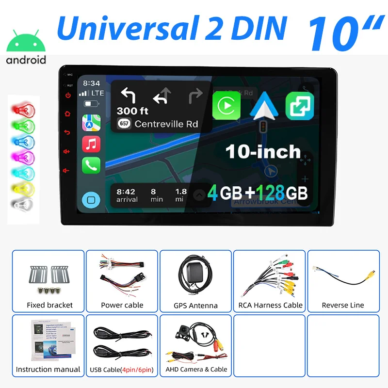 Universeel Autoradio ESSGOO Android 15 7"/9"/10" 4+128 GB 2 DIN Draadloze CarPlay Android Auto GPS Navigatie RDS FM Bluetooth 7 Kleuren ASP-scherm Mirror Link Aanraakscherm Stuurwielbediening