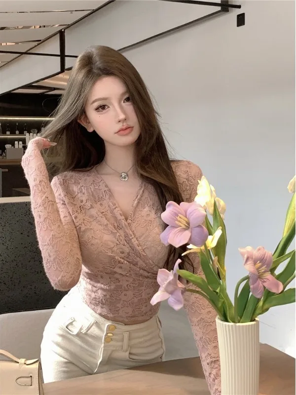 

Pure Desire Lace Shirt Women's Short Sleeve V-Neck Long Sleeve Floral Print Slimming Top Pink Inner Wear Base Layer Top