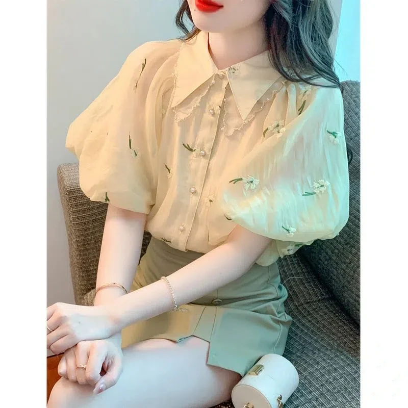 

Sweet Cute Floral Loose Blouse Polo Neck Short Sleeve Youth Printing Fashion Shirt Tops New Summer Casual Korean Women Clothing