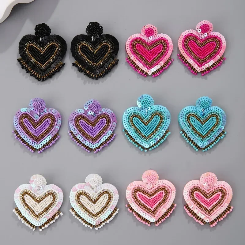 2025 Handmade Bead Earring Heart-shaped Sequin Originality Hand Knitting Bohemia Beaded Earrings for Women