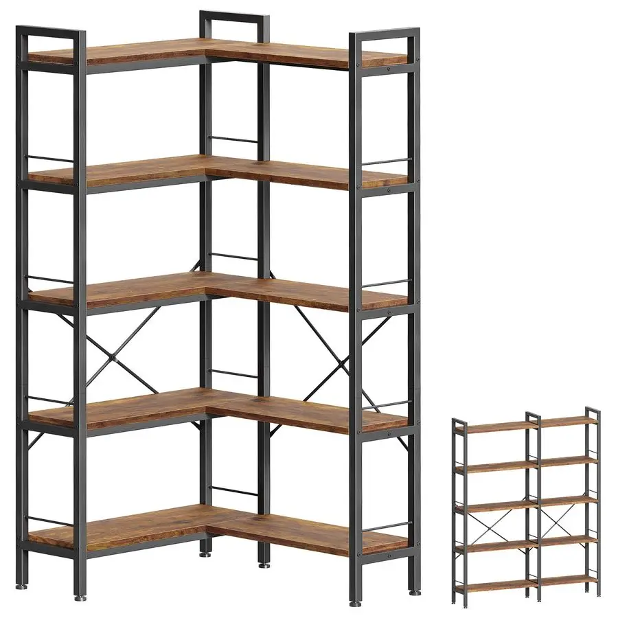 

5 Tier Bookshelf, L Shaped Corner Bookshelf with 10 Open Shelves, 49.4 Inch Straight Wide Bookcase with Metal Frame Customizable