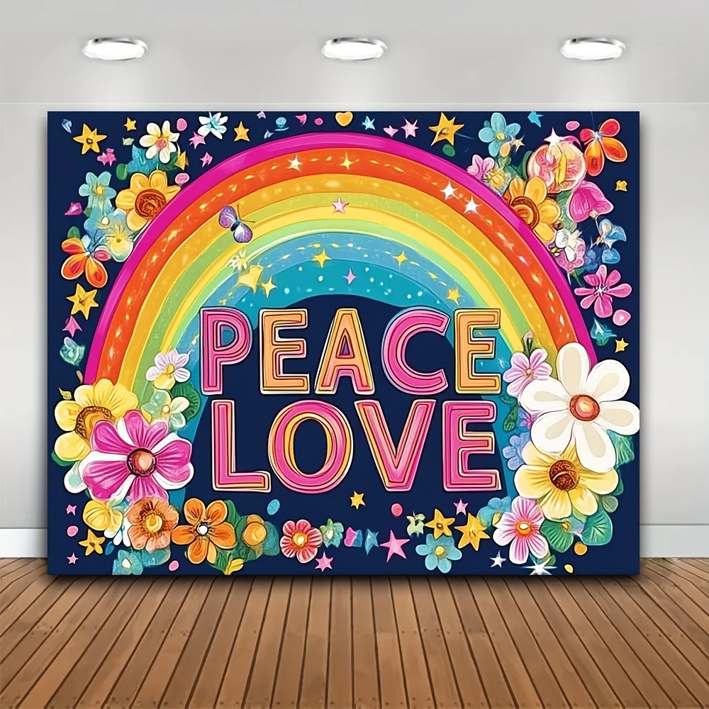 2D Flat 1pc Peace & Love Hippie Party Banner Polyester Fiber 60s Funky Carnival Scene Wall Decor Photography Backdrop For Theme