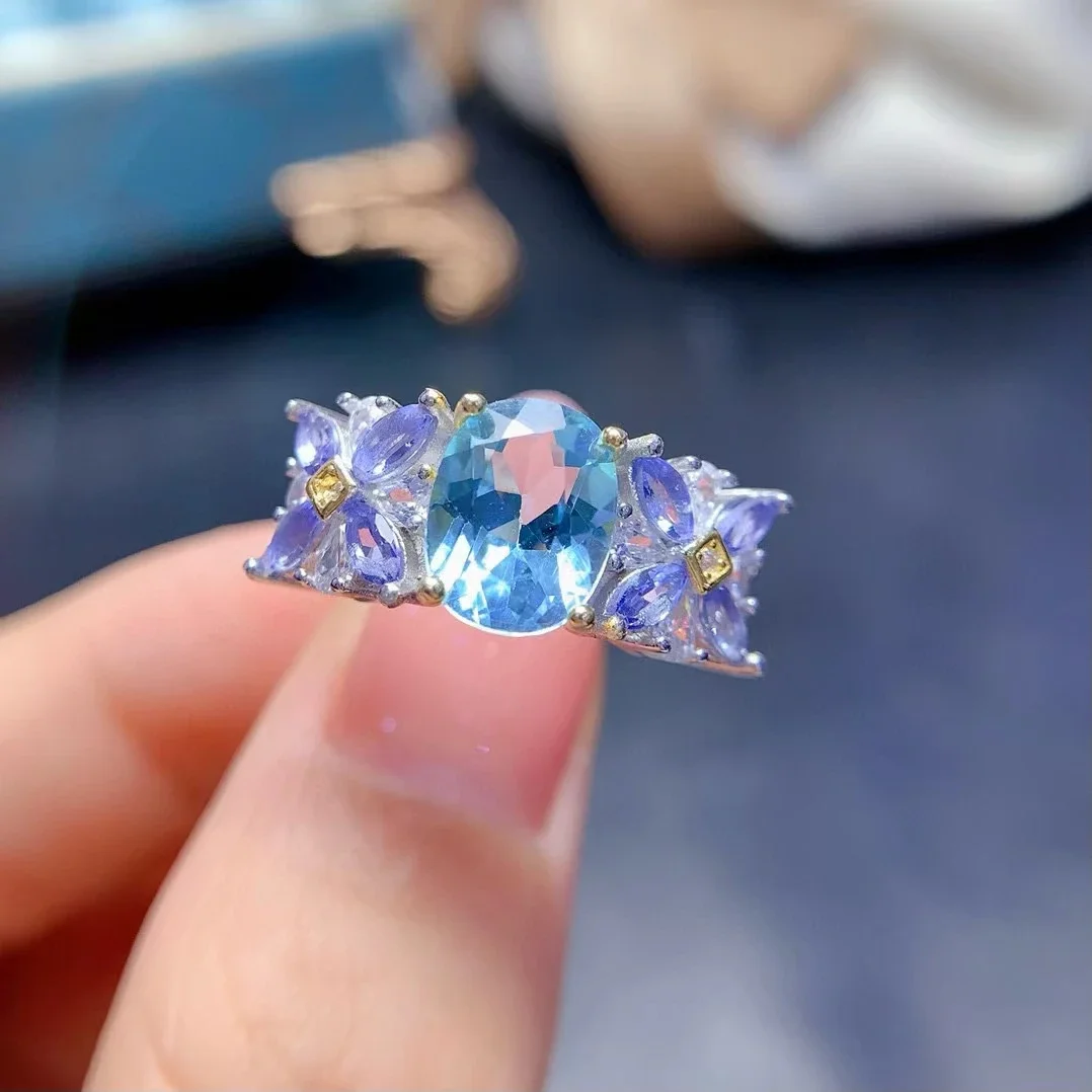 7*9mm Natural Topaz Ring with 2*4mm Genuine Tanzanite Side Gemstones 925 Silver Jewelry with Gold Plating