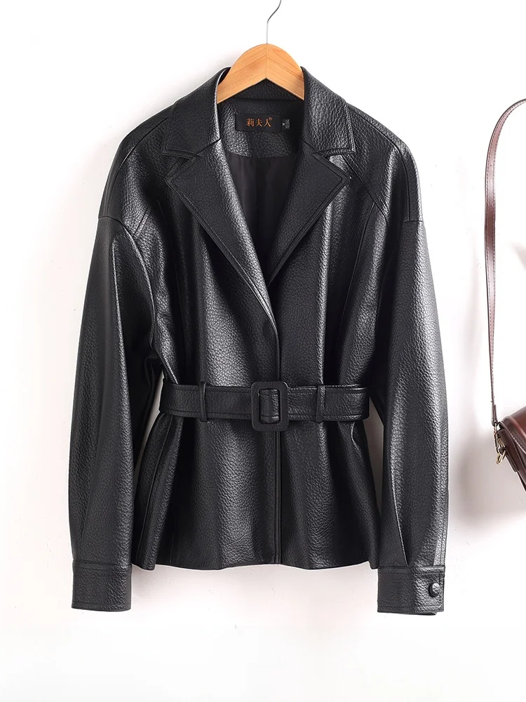 

Ele ort Leather Jaet Women's Waist-Cinching Belted High-Defn Spring Autumn Korean Sle Hair Ning eepskin