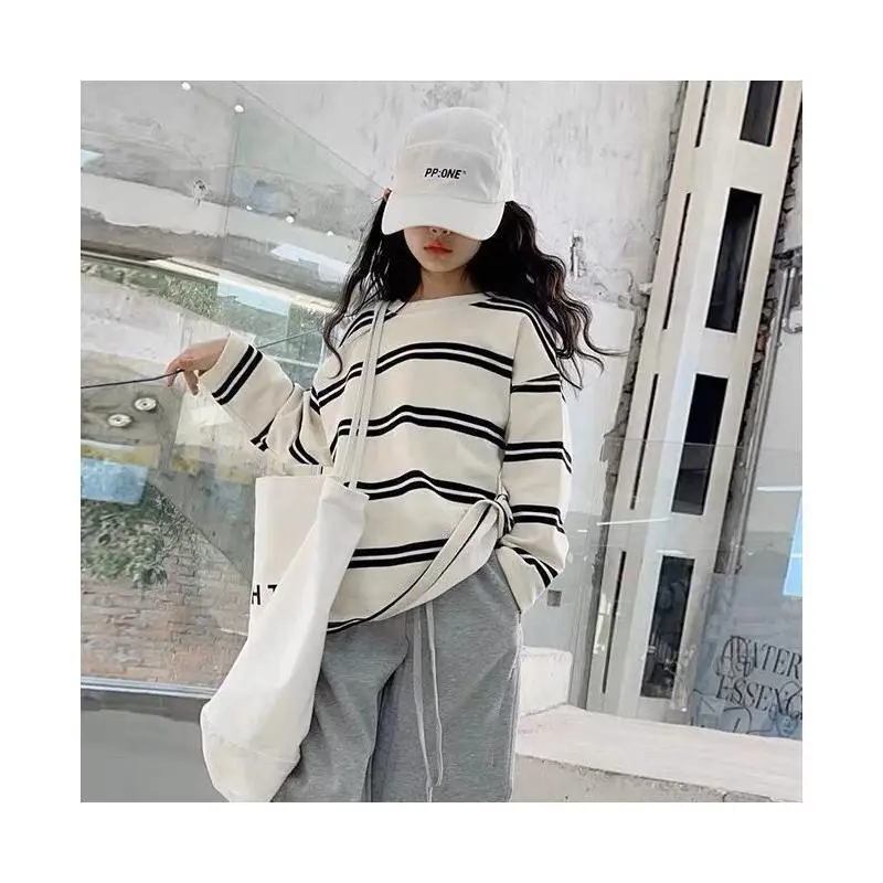 Girls Long Sleeve 2 Piece Outfit Striped Hoodie and Jogger Pants Set Korean Style Autumn Casual Clothes for Big Kids Trendy