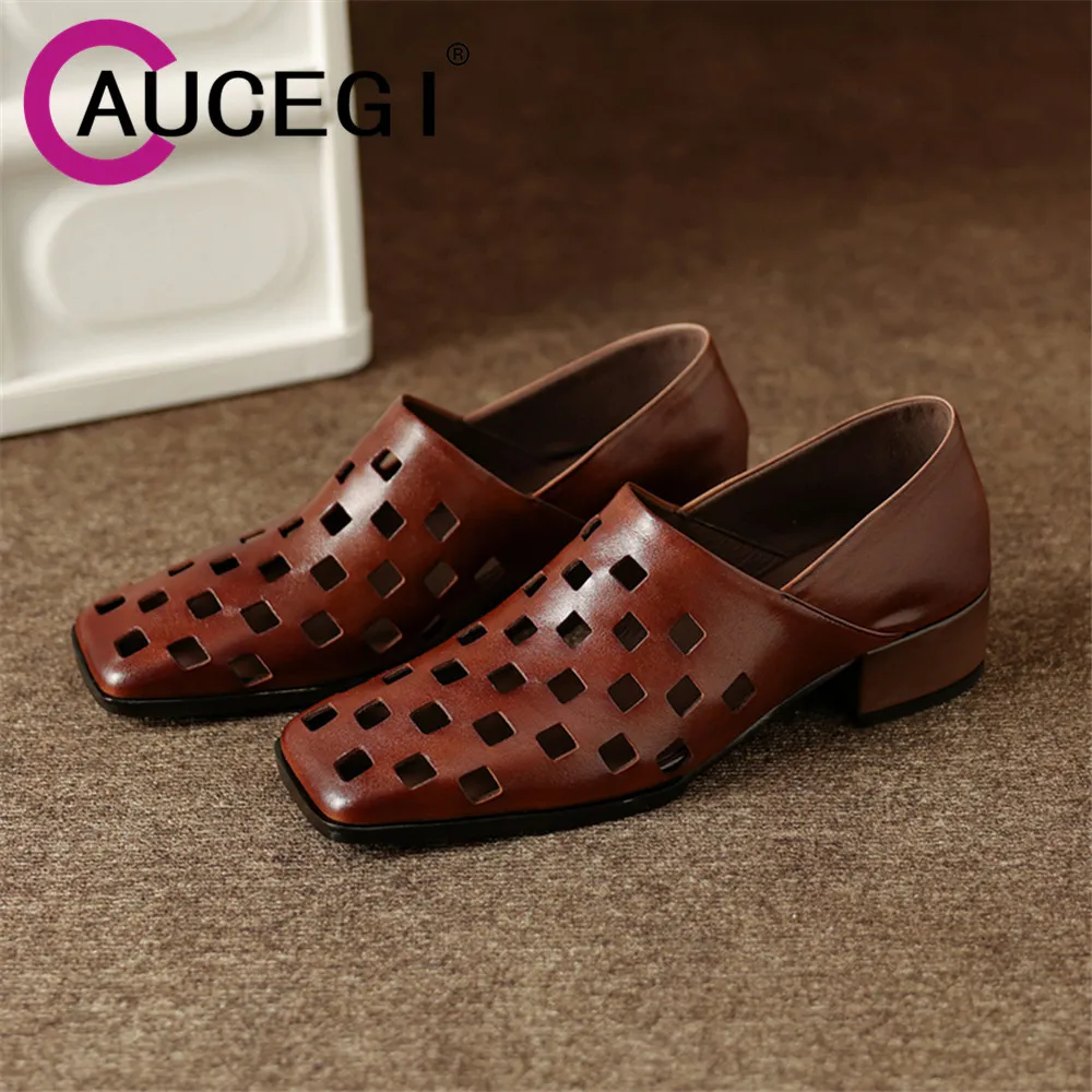 

Aucegi New Spring Summer Hollow Out Genuine Leather Women Pumps Fashion Retro Square Toe Chunky Heel Casual Manual Made Shoes