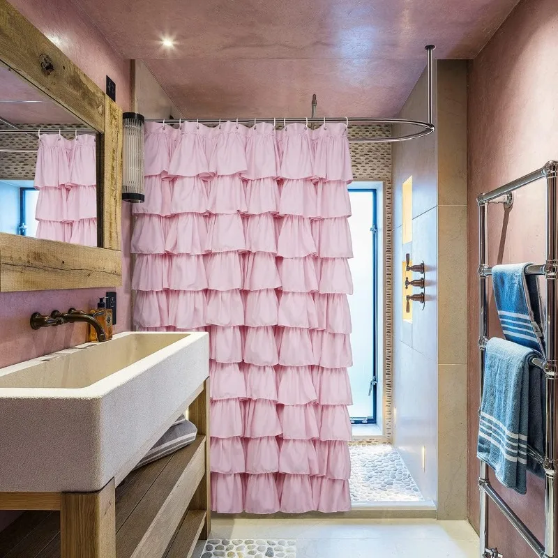 Pink Ruffle Shower Curtain Farmhouse Rustic Fabric Cloth Shower Curtains for Bathroom, 72