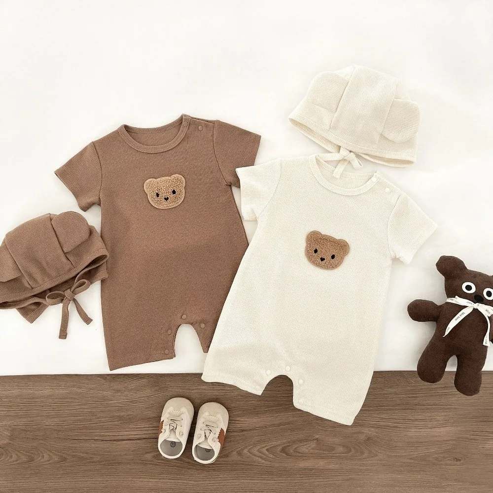 

Short Sleeve Baby Romper Pure Cotton Cute Bear Design Cartoon Bear Bodysuit Soft Fabric Waffle Texture Newborn Onesie