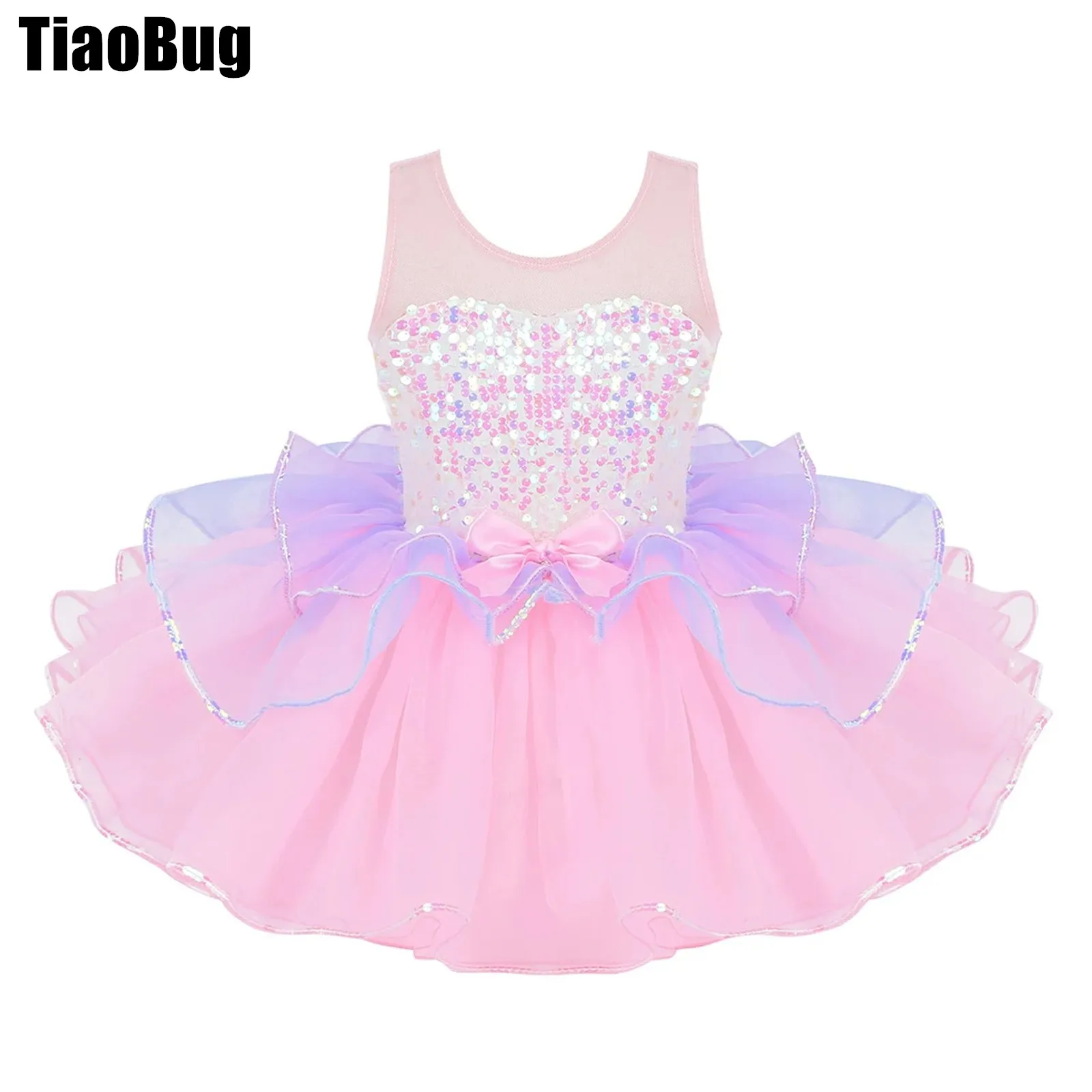 

Kids Girls Sequins Dance Dress Shiny Mesh Splice Bowknot on Waist Ballet Dance Gymnastics Leotard Tutu Dress