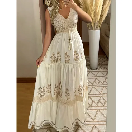 Imagen 2 del producto Vestido bohemio de playa de verano sin mangas con estampado Floral y cuello en V vestido largo fluido para mujer resort vacaciones fiesta traje Casual moda