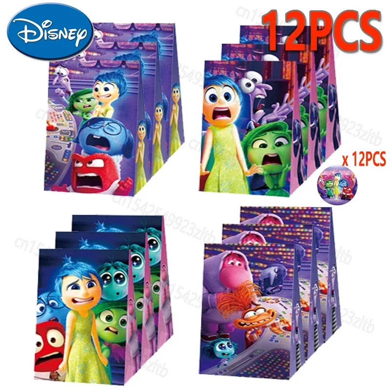 12Pcs Disney Inside Out 2 Candy Bag with Stickers Cute Cartoon Kids Birthday Party Decoration Supplies Gift Wrapping Paper Bags