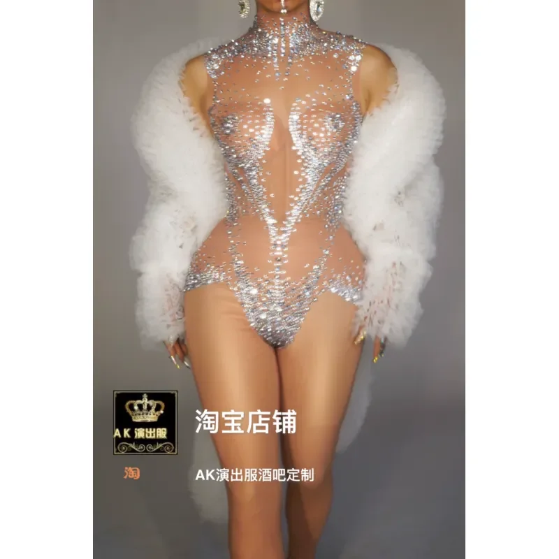Women AK Costume Rhinestone Onesie Jacket Hazy Print Stage Performance Outfit for Singer Dance Team Nightclub Bar Party Full