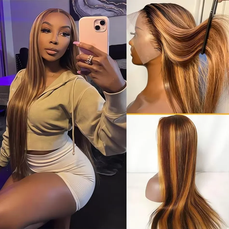 

P427 Highlight Ombre Colored Straight transparent HD Lace Frontal wig 13x6 Human Hair 30 Inch brazilian wigs For Women