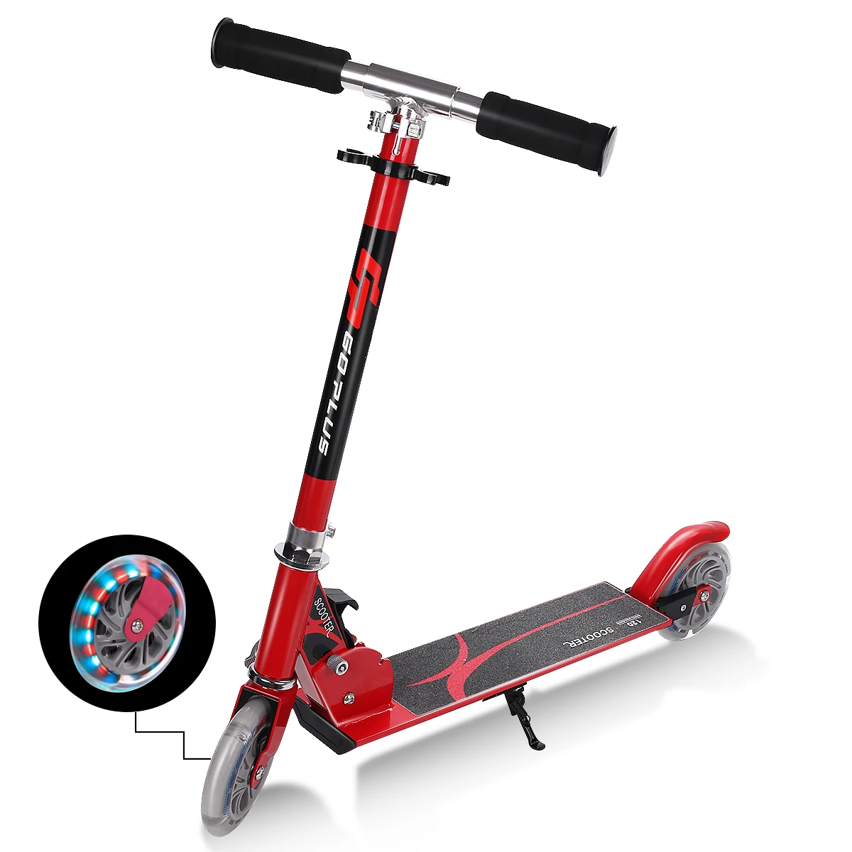 Red Folding Aluminum 2 Wheel Kids Kick Scooter Adjustable Height LED Light Up