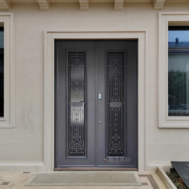 Puerta de seguridad de doble apertura hecha a medida, puerta de entrada de vidrio fundido de aluminio con luz de lujo y grano de madera