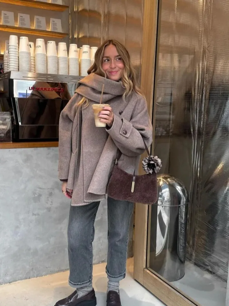 

Casual Solid Color Scarf Collar Woolen Coat Women Fashionsingle Breasted Pocket Loose Outerwear Daily Commuting Street Jackets