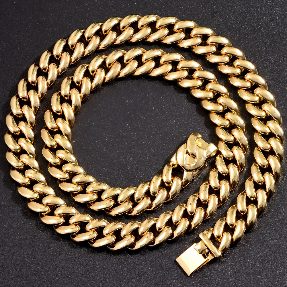 Hiphop Golden 13MM Curb Cuban Link Chain Necklace For Men Women Miami Cuban Necklace Bracelet Set Chunky Chain Fashion Jewelry