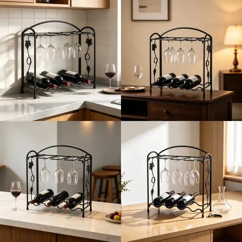 Modern Metal Panel Wine Rack 4 Bottle Holder with Hanging Glass Rack for Kitchen Counter Home Decoration