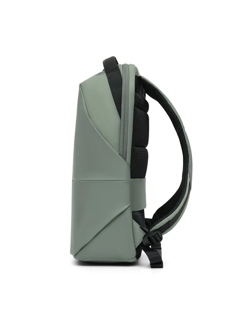 Sage green minimalist casual backpack with smooth finish and dual zippered pockets suitable for daily school work and casual use