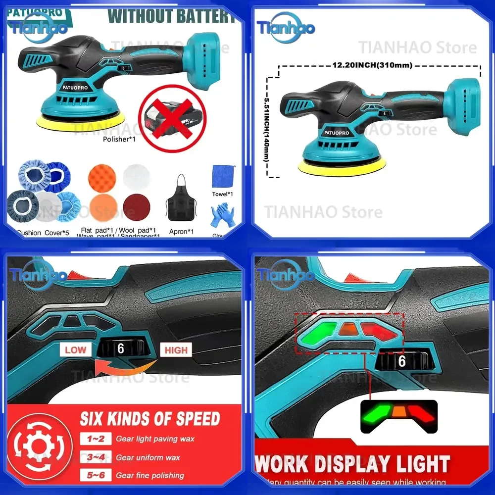 150mm Cordless Rechargeable Buffer Polisher Portable Polishing Machine with 6 Gears Metal Waxing Function for Makita 18V