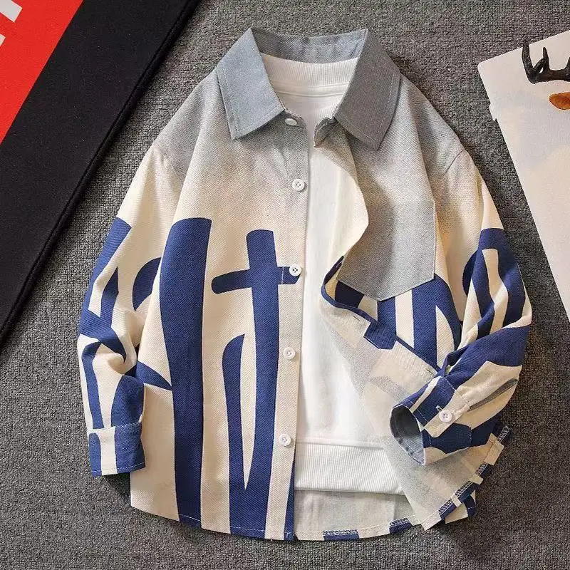 

5-15Year Spring and Autumn Teenage Boys' Shirt Fashion 2025 New Style Children's Leisure Collar Pure Cotton Shirt Coat 120-170cm